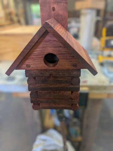 Handcrafted log cabin bird - log,