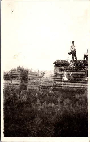 People standing log cabin - people,