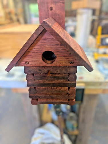 Handcrafted log cabin bird - cabin,